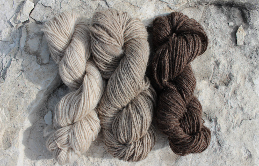 Three skeins of yarn representing the yarn that is available in the kit. From left: Bone, Slate and Walnut